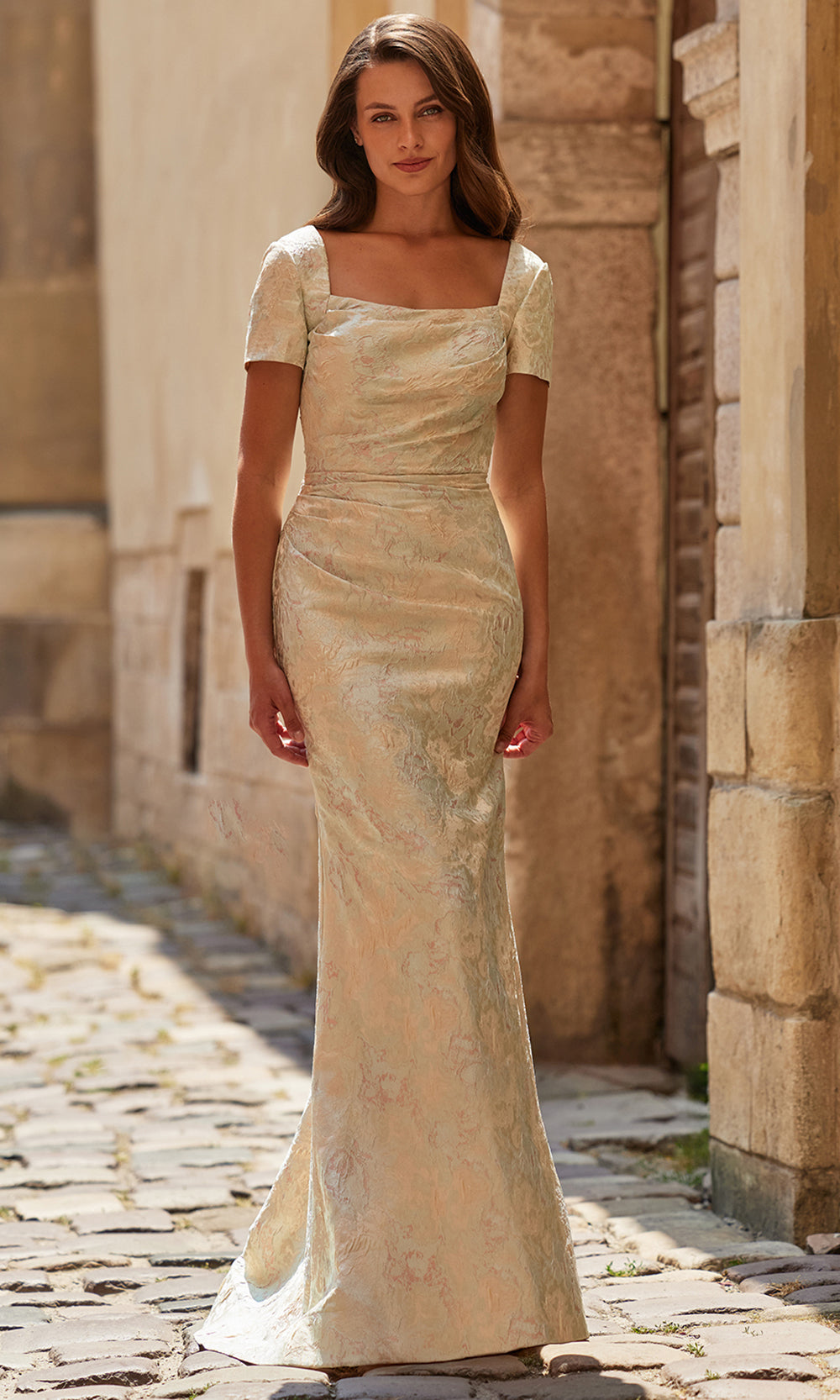 textured formal dress La Femme 33598 - Long Print Jacquard Sheath LowStock:43242376921139 Pink Perfect for Special Mrs. Jola slayed her Color:As Photo(Aqua Blue）