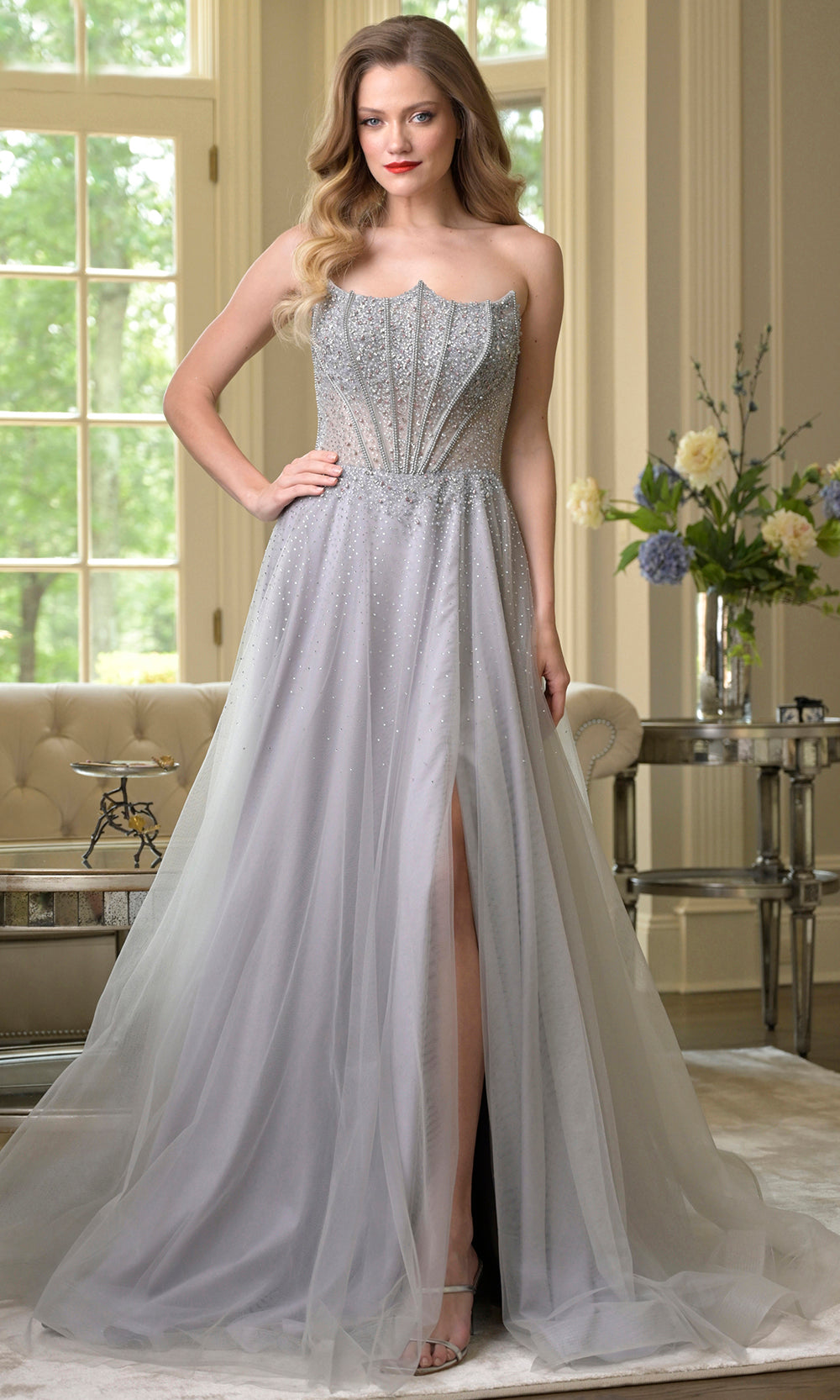 Colors Dress 3879 - Long A-line Dress - Strapless Bodice, Sheer Corset Detail, Cape Overlay, High Slit, Beaded, Sweep Train 20 / Silver Colors Dress 3879 - Long A-line Dress - Strapless Bodice, Sheer Corset Detail, Cape Overlay, High Slit, Beaded, Sweep Train 20 / Silver