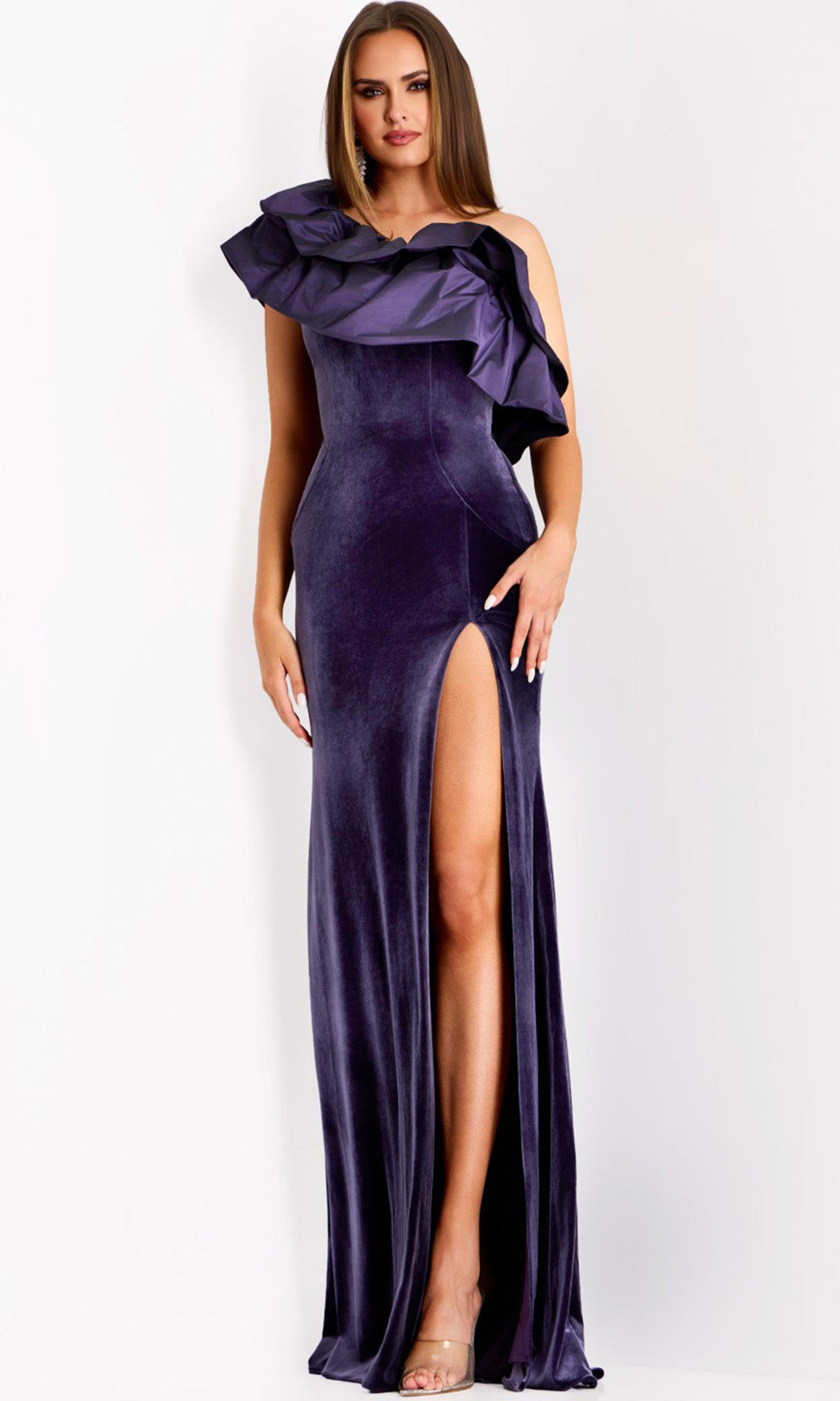 Jovani 39887 - Ruffled Neckline Velvet Gown with Slit Formal Gowns