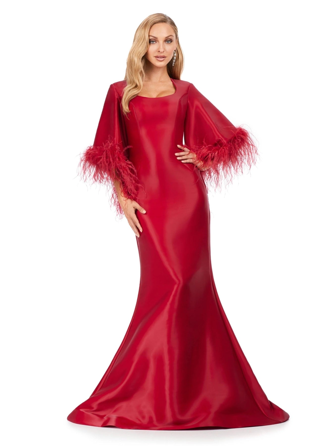 Ashley Lauren 11381 - Feather Trimmed Trumpet Gown In Red