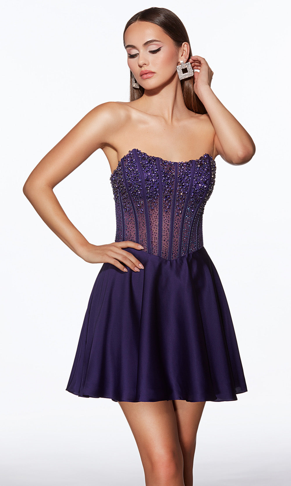 Alyce Paris 40101 - Short Beaded/Satin Chiffon A-line Dress - Illusion Corset Bodice, Beading, Strapless, Flowy Skirt, Hidden Back Zipper ADASA Alyce Paris 40101 - Short Beaded/Satin Chiffon A-line Dress - Illusion Corset Bodice, Beading, Strapless, Flowy Skirt, Hidden Back Zipper ADASA