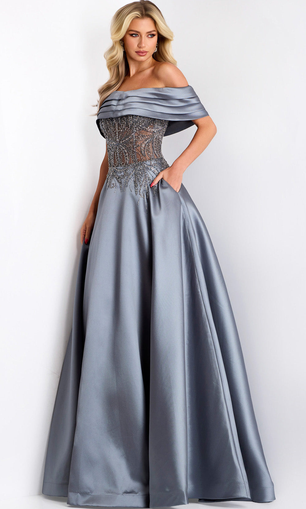 Jovani 41198 - Pleated Neckline Beaded Evening Gown Prom Dresses