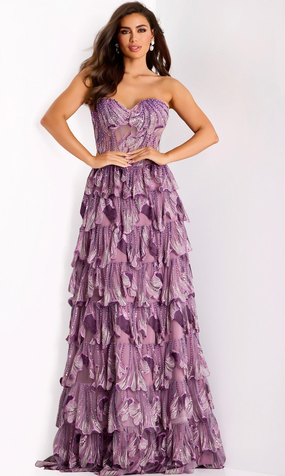Jovani 42793 - Long Tulle A-line Dress - Beaded, Embroidery, Layered Ruffle Skirt, Strapless, Sheer Corset Bodice, Low Open Back ADASA Jovani 42793 - Long Tulle A-line Dress - Beaded, Embroidery, Layered Ruffle Skirt, Strapless, Sheer Corset Bodice, Low Open Back ADASA