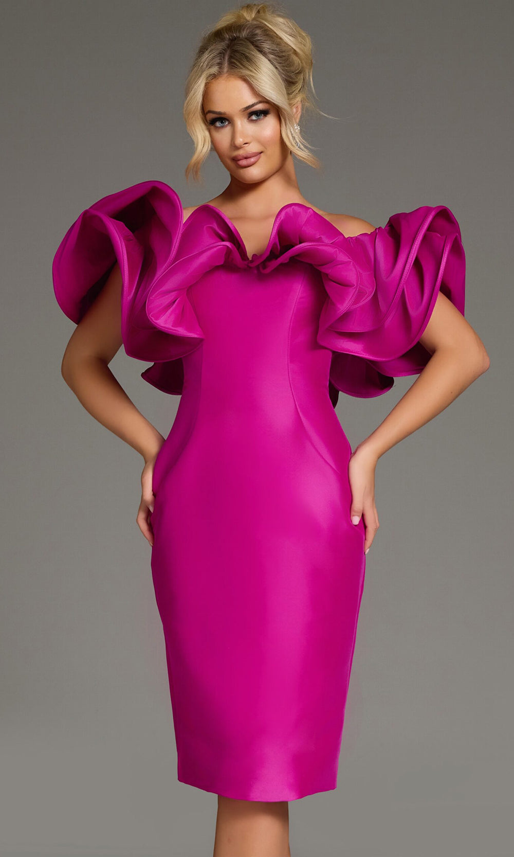 Jovani 43758 - Knee-Length Sheath Dress - Oversized Ruffles, Structured Bodice, Sleek Pencil Skirt, Mid-Open Back 4 / Black Jovani 43758 - Knee-Length Sheath Dress - Oversized Ruffles, Structured Bodice, Sleek Pencil Skirt, Mid-Open Back 4 / Black