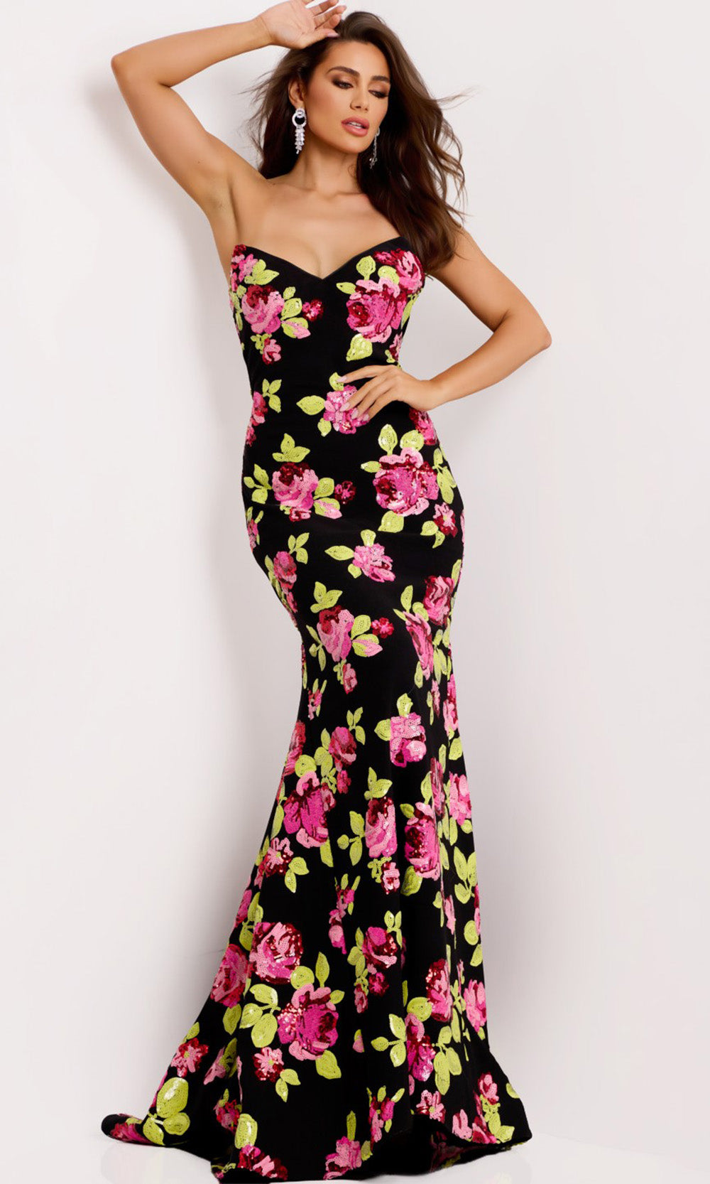Jovani 44617 - Long Trumpet Dress - Floral Sequin Embroidery, Strapless, Open Back, Sweep Train 0 / Black/Multi Jovani 44617 - Long Trumpet Dress - Floral Sequin Embroidery, Strapless, Open Back, Sweep Train 0 / Black/Multi