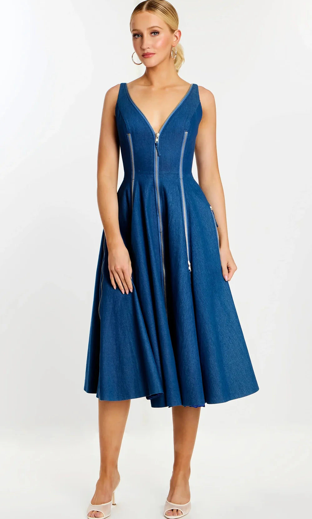 Jovani Zipper-Embellished Godet Denim Midi Dress, Women's, 14, Casual & Work Dresses Day Dresses Sundresses