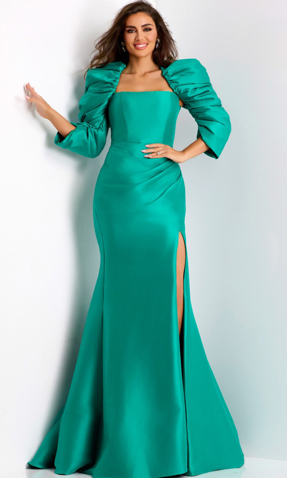 Jovani 45214 - Long Satin Mermaid Dress - Three-Quarter Sleeves, Ruching, High Slit, Concealed Back Zipper, Sweep Train ADASA Jovani 45214 - Long Satin Mermaid Dress - Three-Quarter Sleeves, Ruching, High Slit, Concealed Back Zipper, Sweep Train ADASA