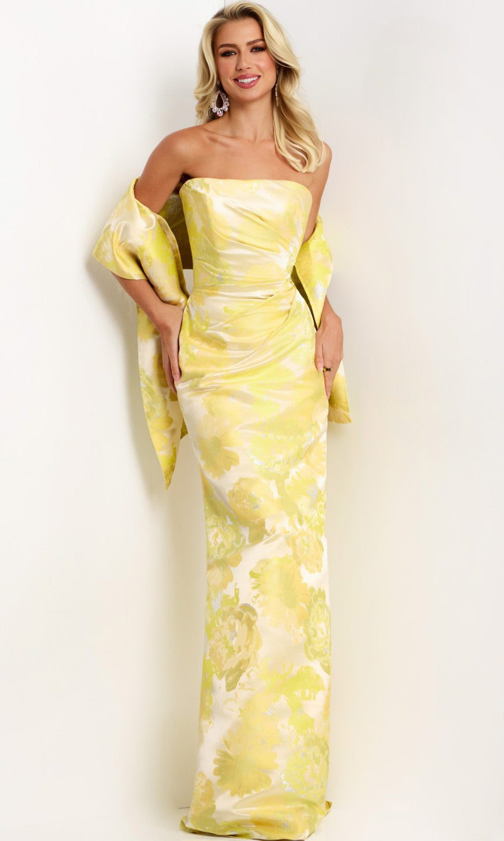 Jovani 45289 - Floral Straight Neckline Gown with Shawl Formal Gowns