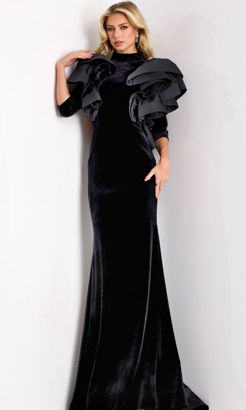 Jovani 45322 - High Neck Ruffled Shoulder Velvet Dress for Special Occasions Black / 14 Jovani 45322 - High Neck Ruffled Shoulder Velvet Dress for Special Occasions Black / 14