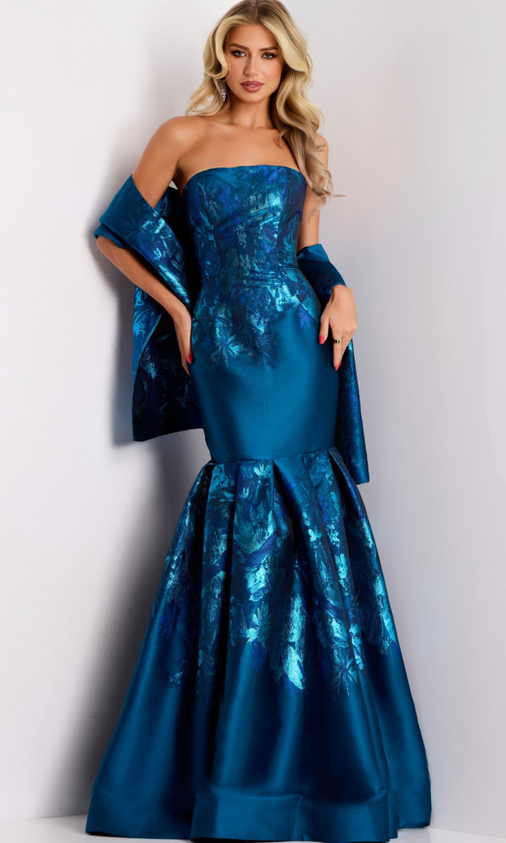knee length dresses for ladies Luuvis Women Stylish Peacock Blue Mermaid V-Neck Cutout Waist Long Metallic  Prom Dress main image 0