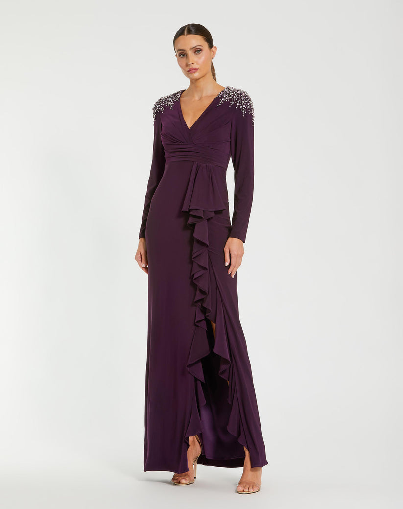 Ieena Duggal 49897 - Rhinestone Embellished Long Sleeve Gown In Purple