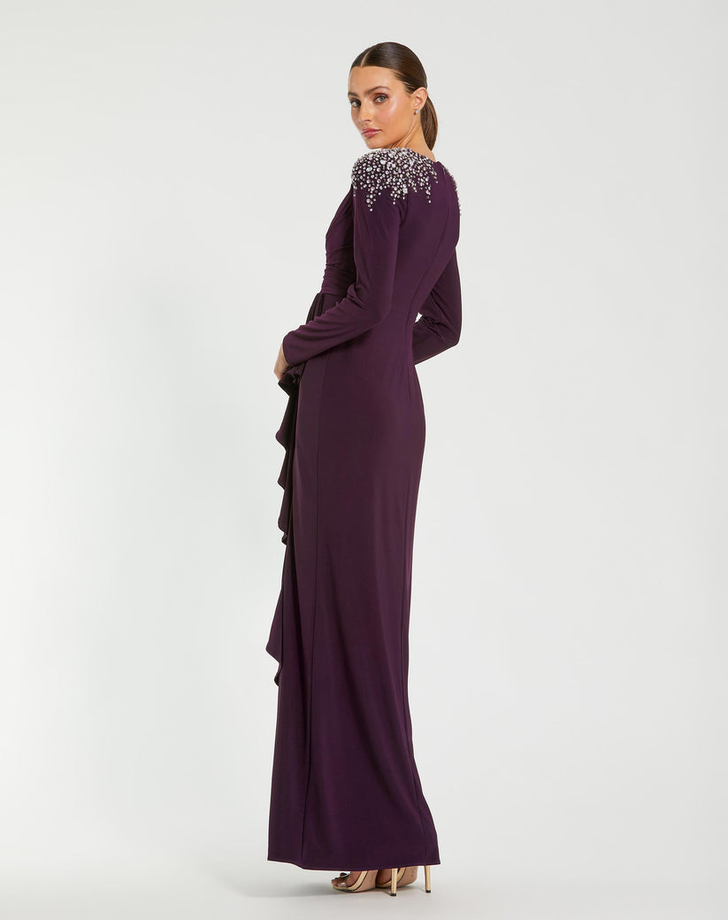 Ieena Duggal 49897 - Rhinestone Embellished Long Sleeve Gown In Purple