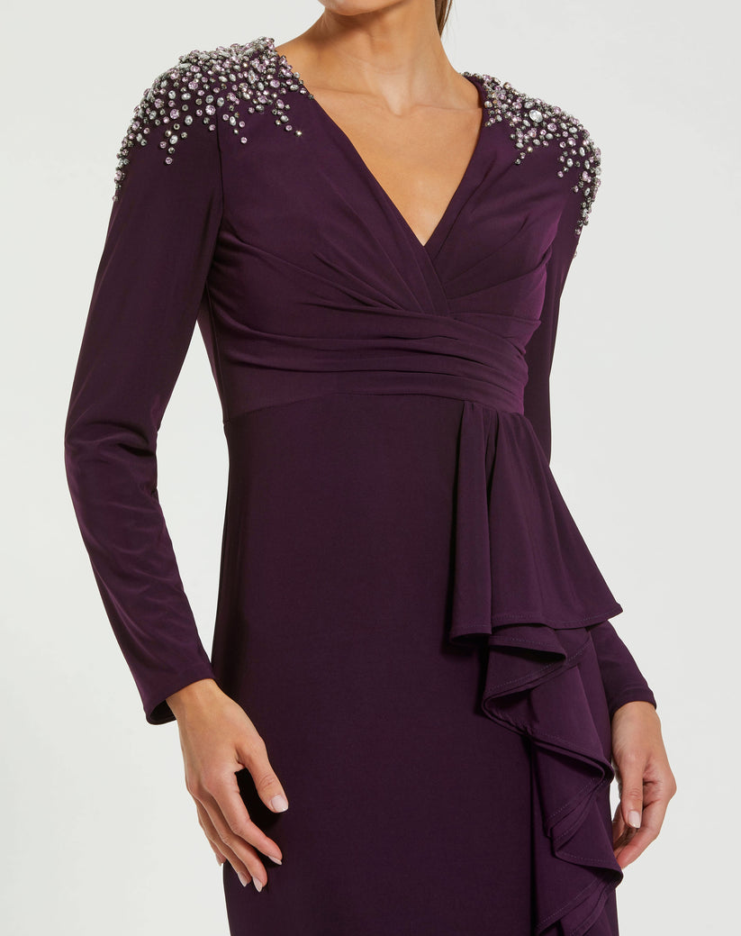 Ieena Duggal 49897 - Rhinestone Embellished Long Sleeve Gown In Purple