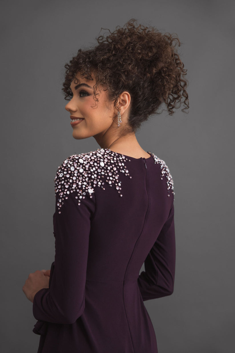 Ieena Duggal 49897 - Rhinestone Embellished Long Sleeve Gown In Purple