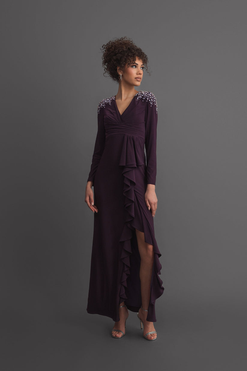 Ieena Duggal 49897 - Rhinestone Embellished Long Sleeve Gown In Purple