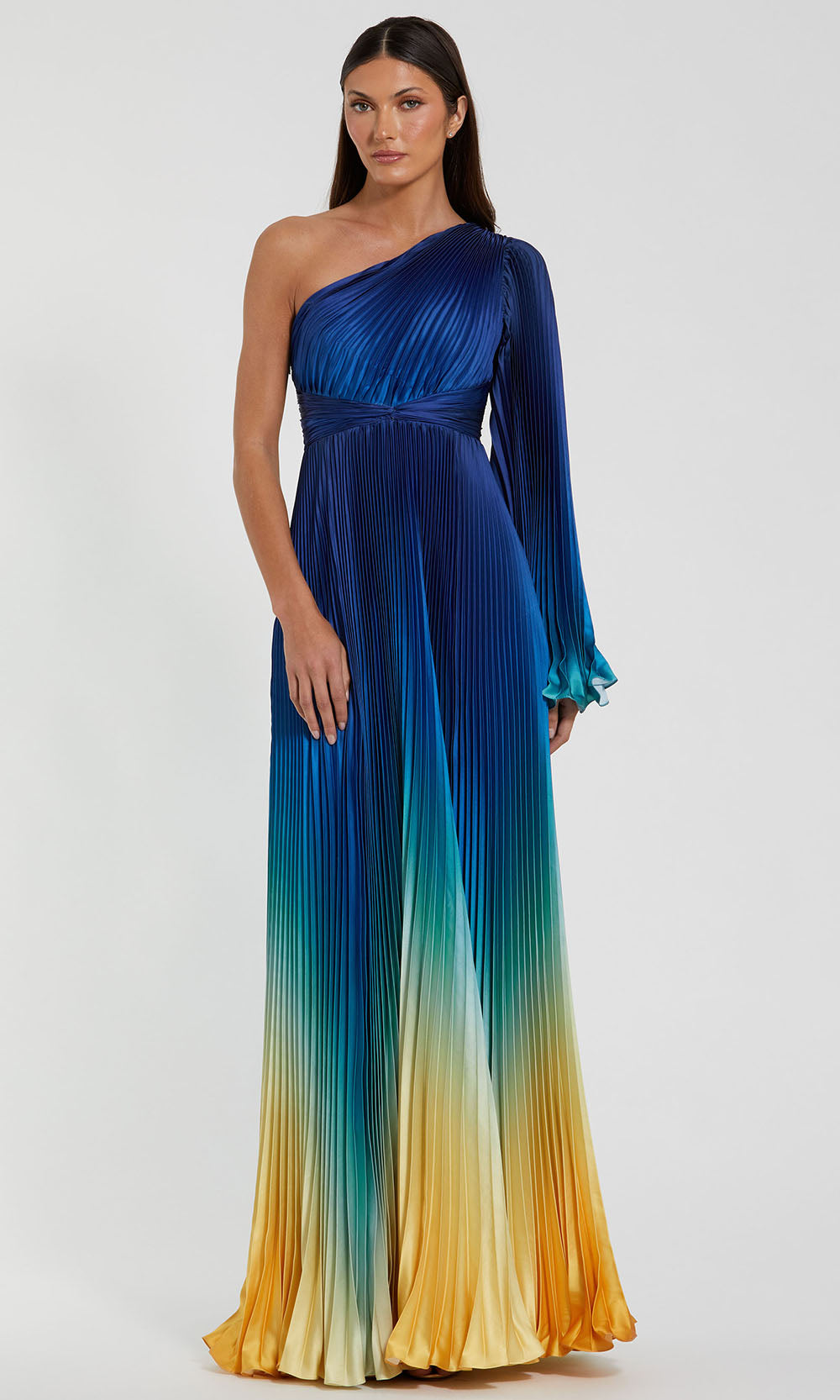 Blue Pleated Charmeuse One Shoulder Ombre Gown