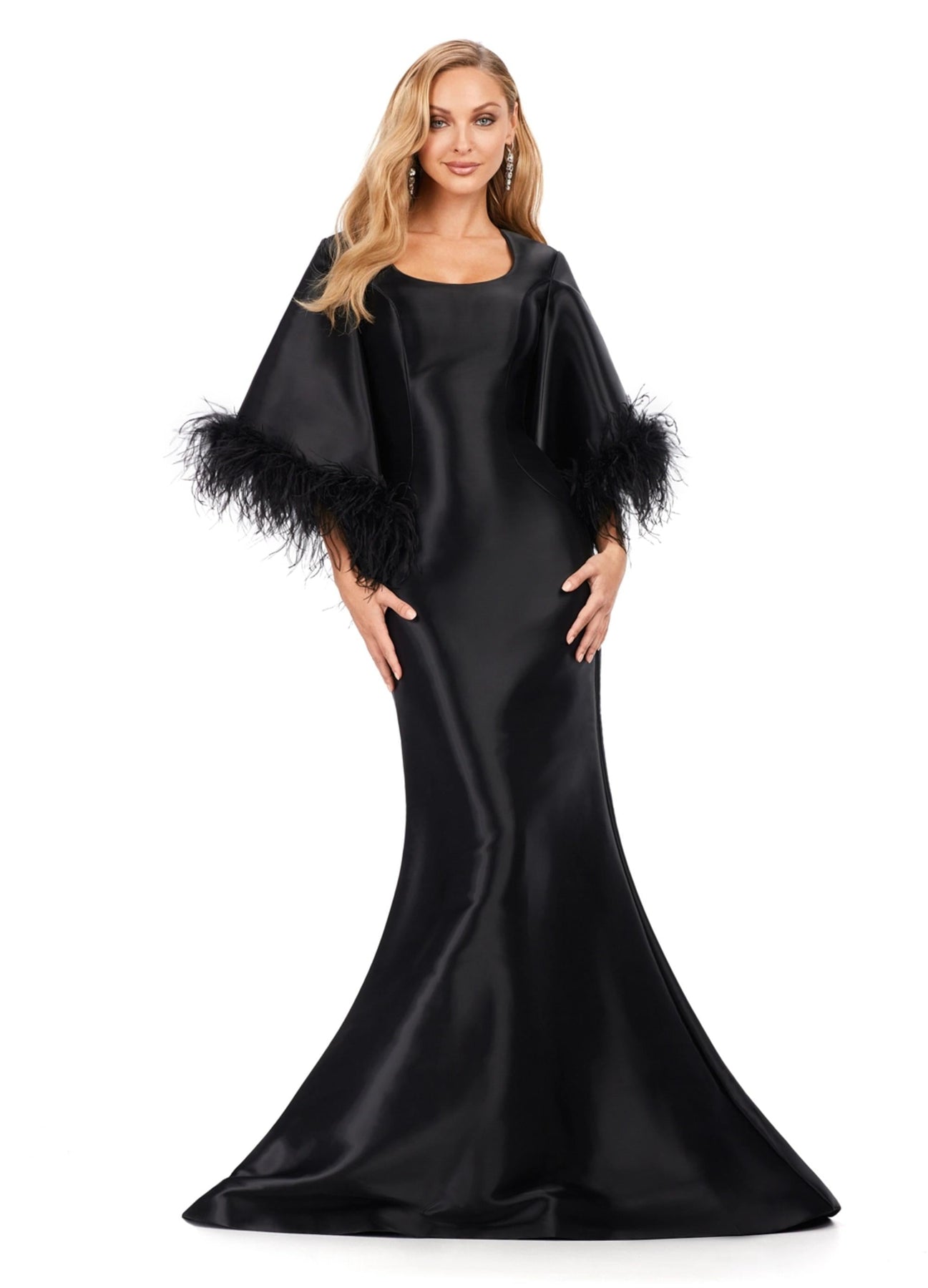 Ashley Lauren 11381 - Feather Trimmed Trumpet Gown In Black
