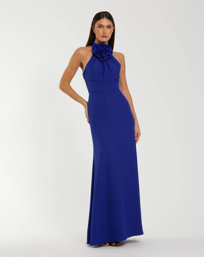Ieena Duggal 50053 - 3D Rosette High Halter Sheath Gown In Blue