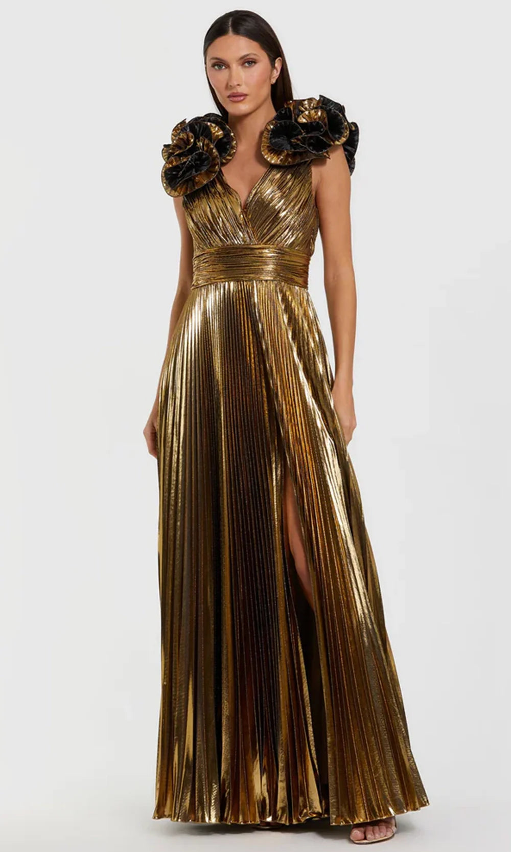 Ieena for Mac Duggal - Gold Metallic Pleated Gown with Ruffle Shoulder Detail - Antique Gold / US 12 Ieena for Mac Duggal - Gold Metallic Pleated Gown with Ruffle Shoulder Detail - Antique Gold / US 12