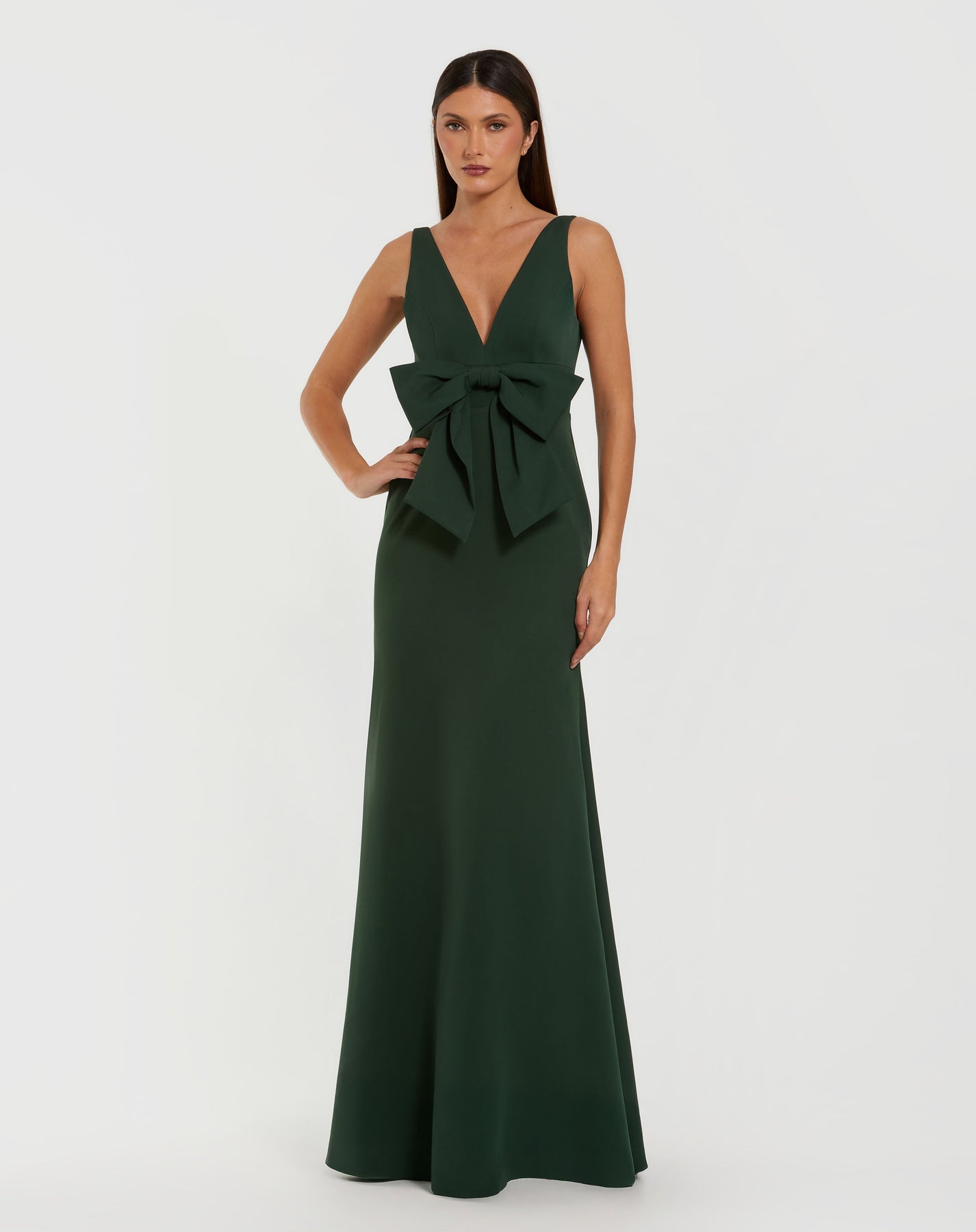 Ieena Duggal 50087 - Plunging V-Neck Crepe Gown with Front Bow In Green