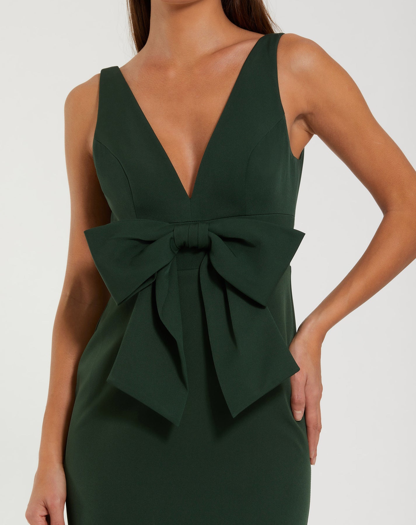 Ieena Duggal 50087 - Plunging V-Neck Crepe Gown with Front Bow In Green