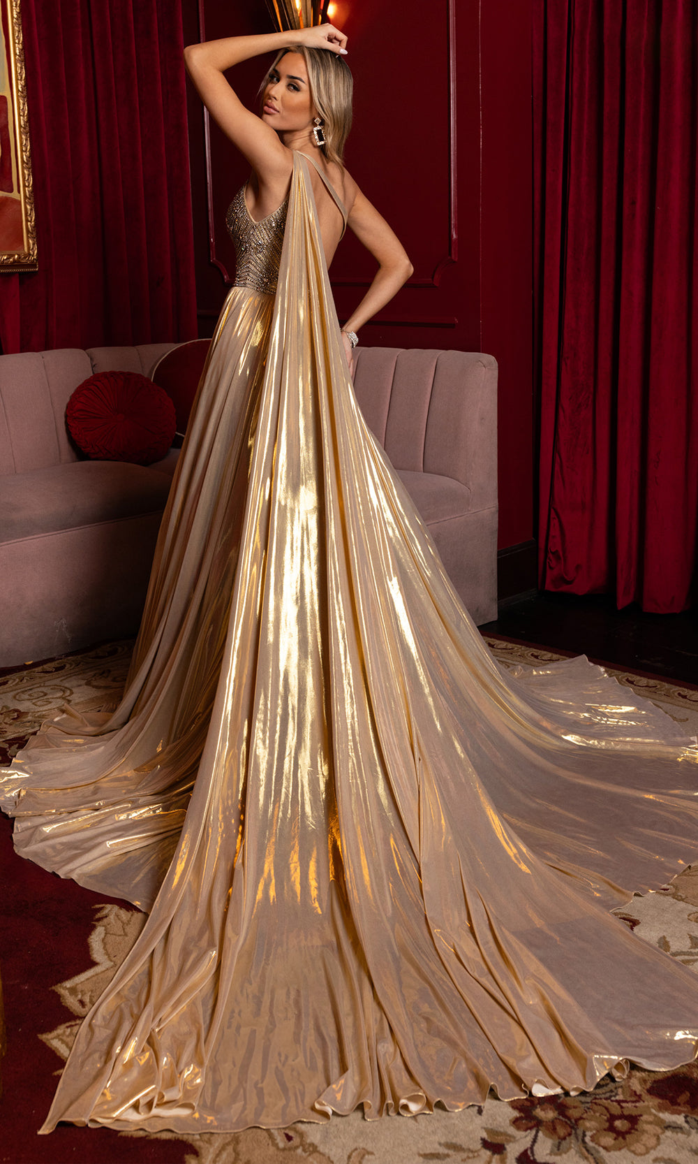 Rachel Allan 50372 - Beaded Lame Asymmetric Gown Prom Dresses