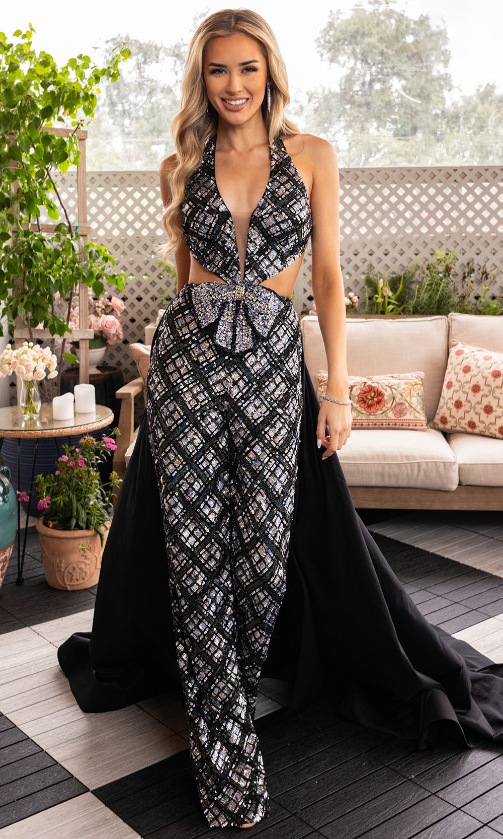 Rachel Allan 50375 - Cutout Waist Overskirt Sequin Jumpsuit Formal Pantsuits