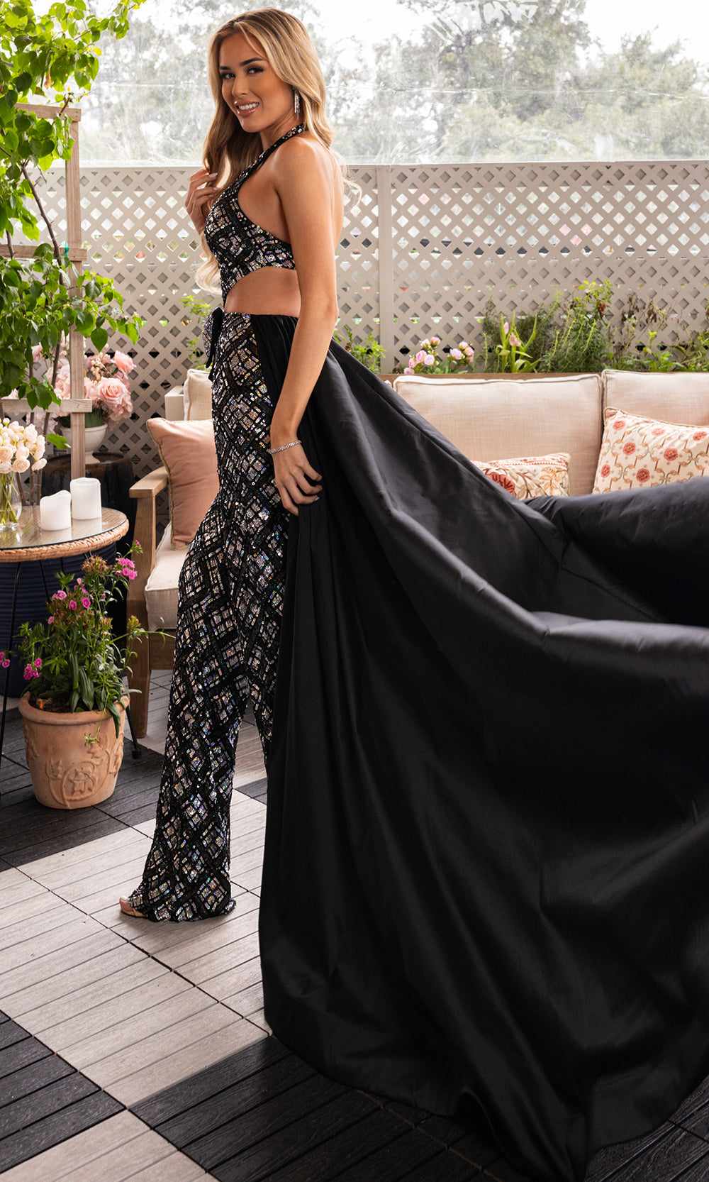 Rachel Allan 50375 - Cutout Waist Overskirt Sequin Jumpsuit Formal Pantsuits