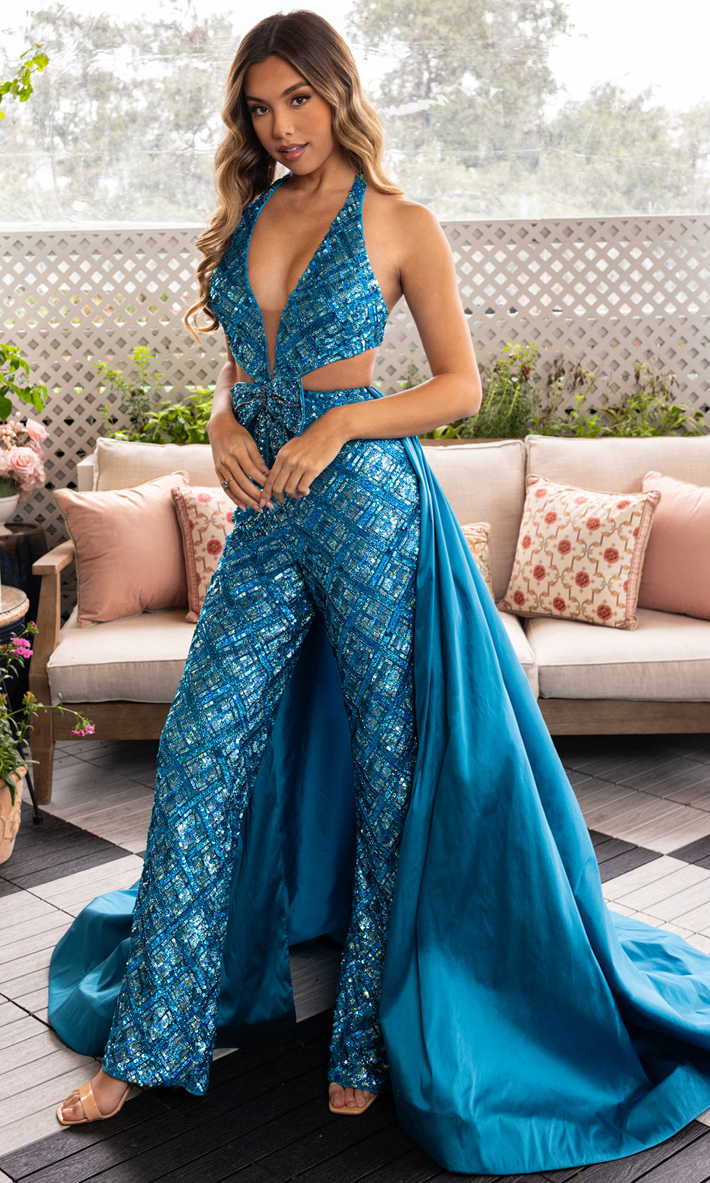 Rachel Allan 50375 - Cutout Waist Overskirt Sequin Jumpsuit Formal Pantsuits