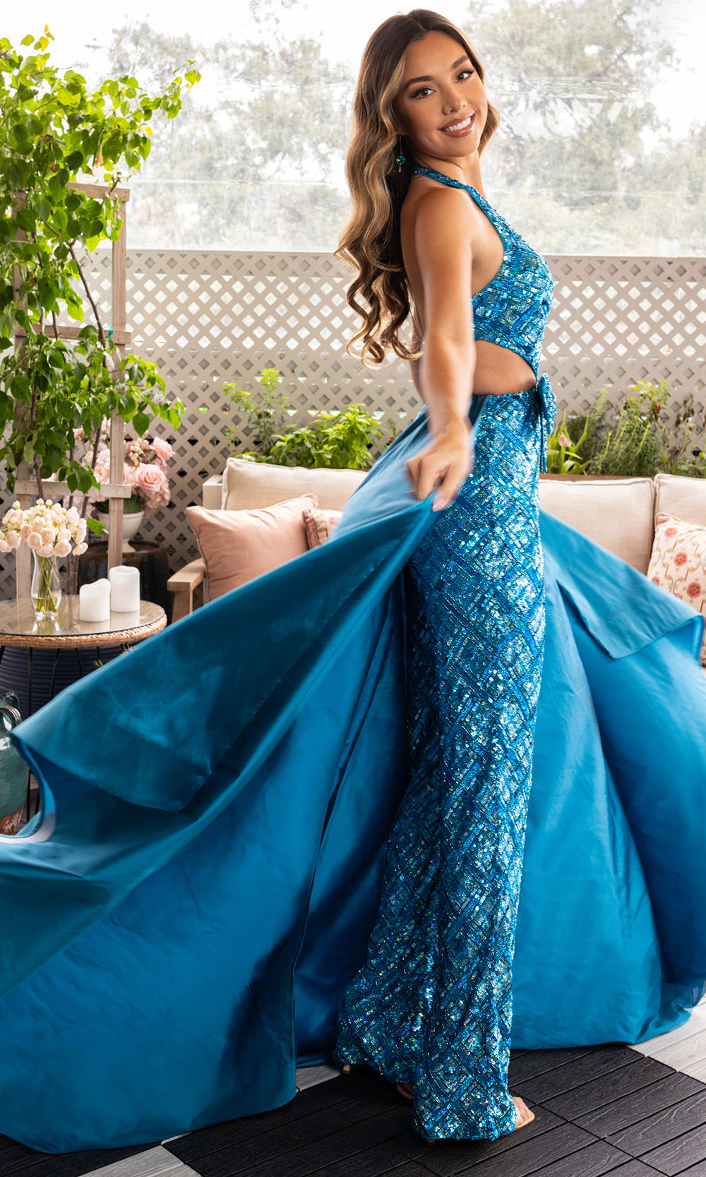 Rachel Allan 50375 - Cutout Waist Overskirt Sequin Jumpsuit Formal Pantsuits