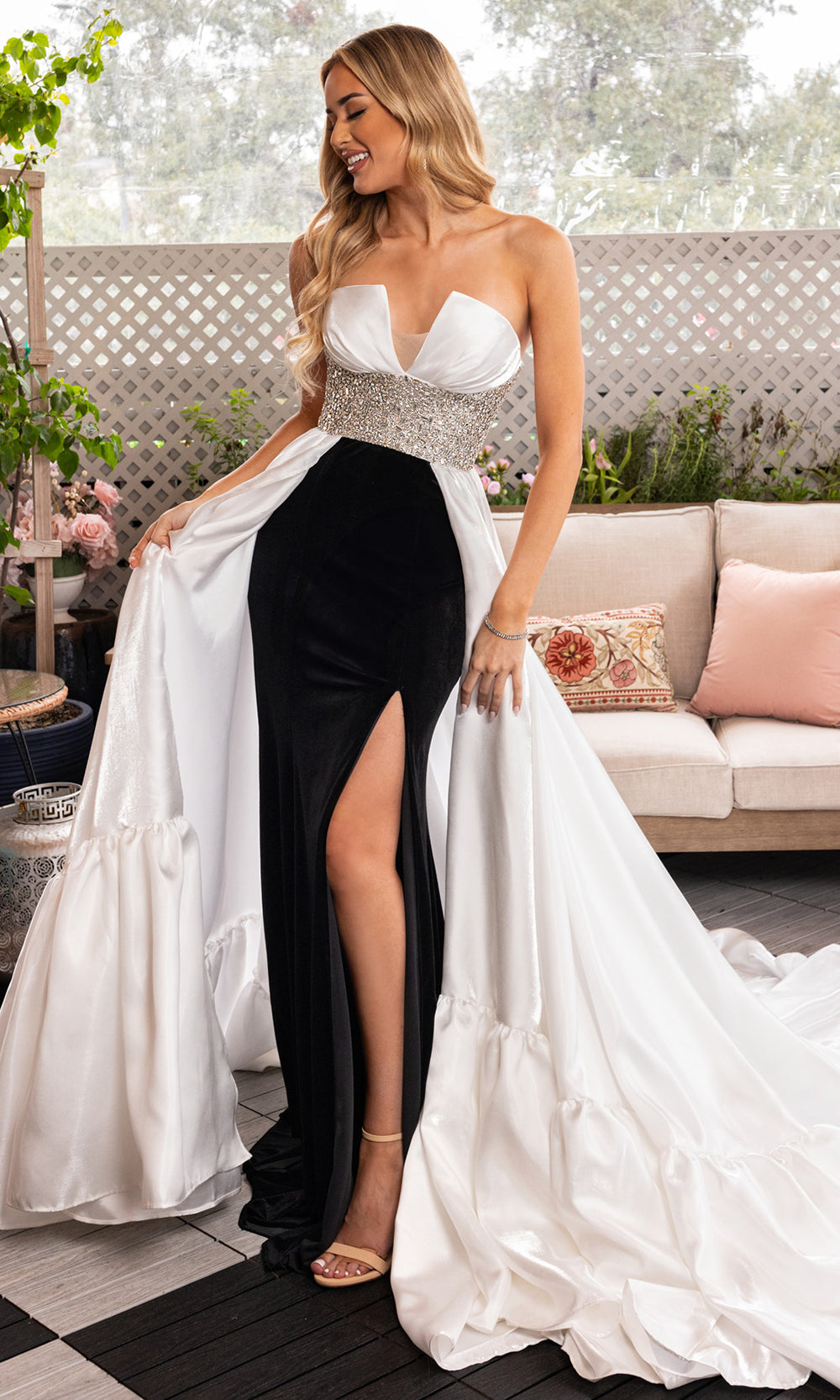 Rachel Allan 50381 - V-Neck Overskirt Gown with Crystal Waist Formal Gowns