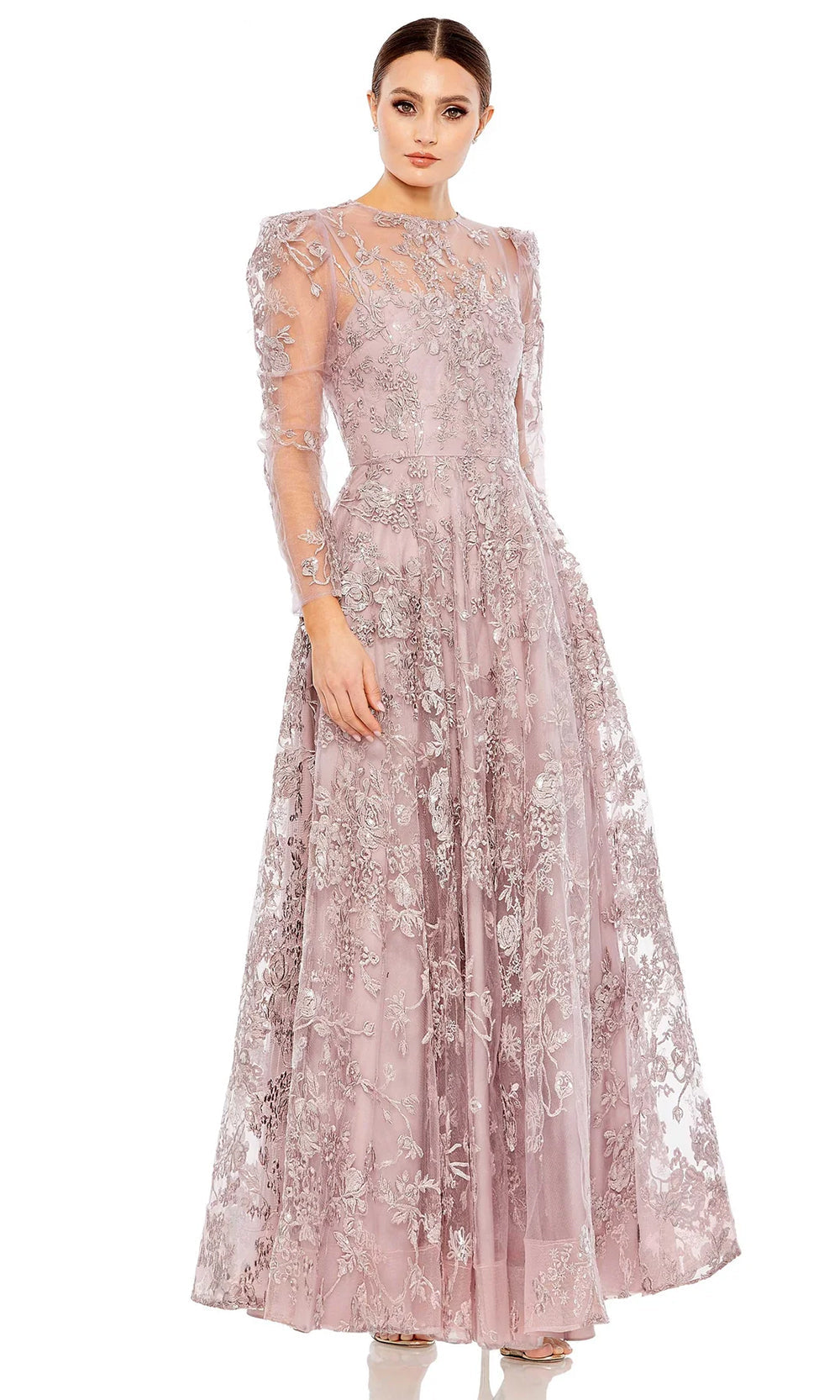 Mac Duggal 50664 - Long Embroidered Mesh Overlay A-Line Dress - Sheer Long Sleeves, Embroidered Details, Sequins, Full Back, Full Length Hem ADASA Mac Duggal 50664 - Long Embroidered Mesh Overlay A-Line Dress - Sheer Long Sleeves, Embroidered Details, Sequins, Full Back, Full Length Hem ADASA