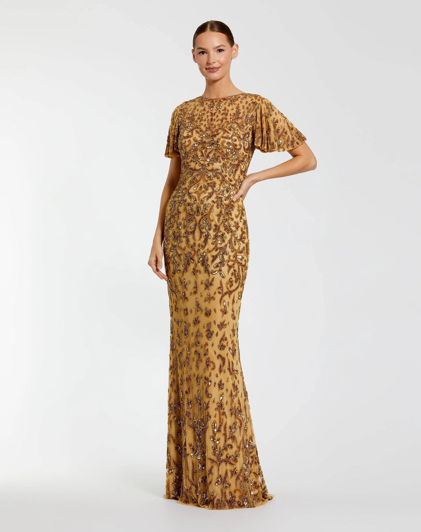 Mac Duggal 5491 - Beaded Flutter Sleeve Column Gown In Neutral and Gold