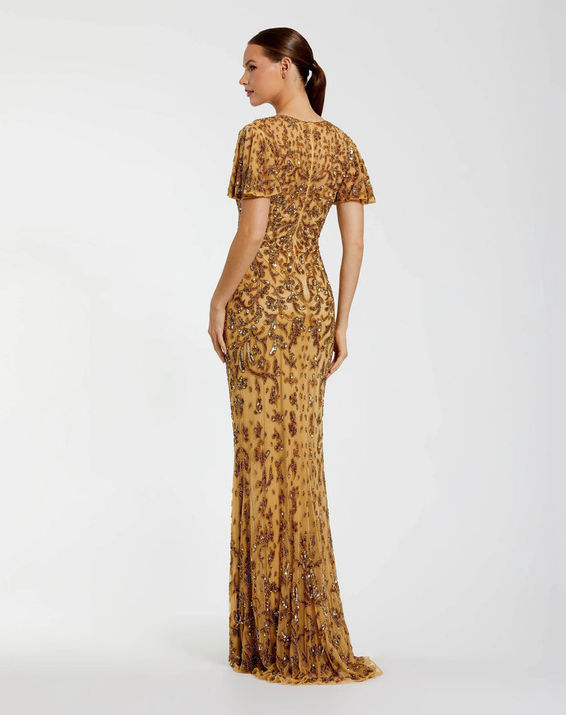 Mac Duggal 5491 - Beaded Flutter Sleeve Column Gown In Neutral and Gold