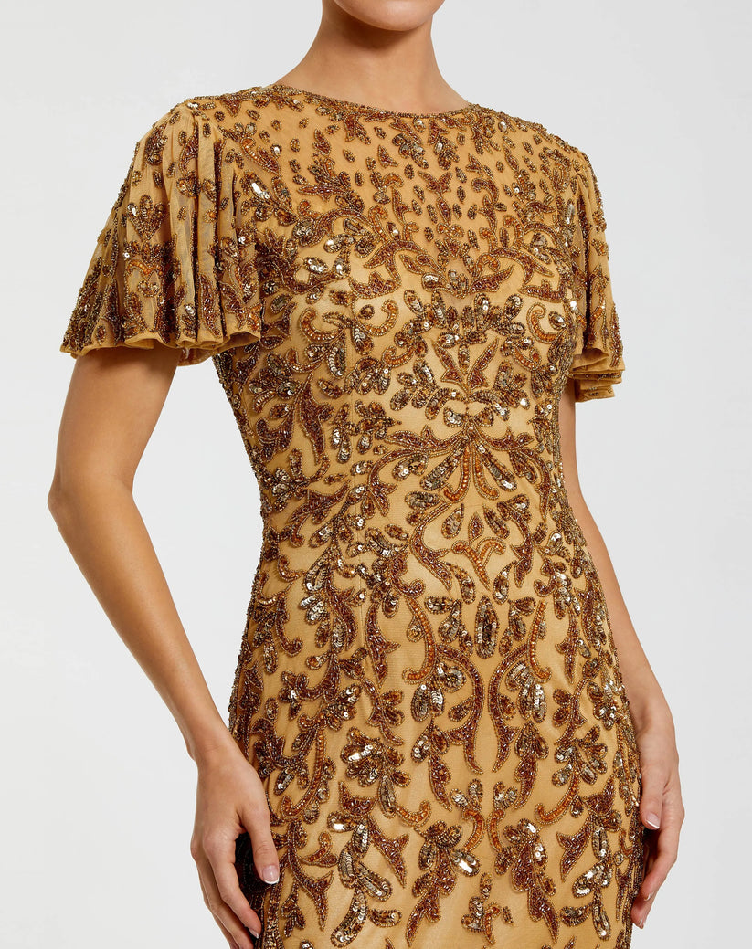 Mac Duggal 5491 - Beaded Flutter Sleeve Column Gown In Neutral and Gold