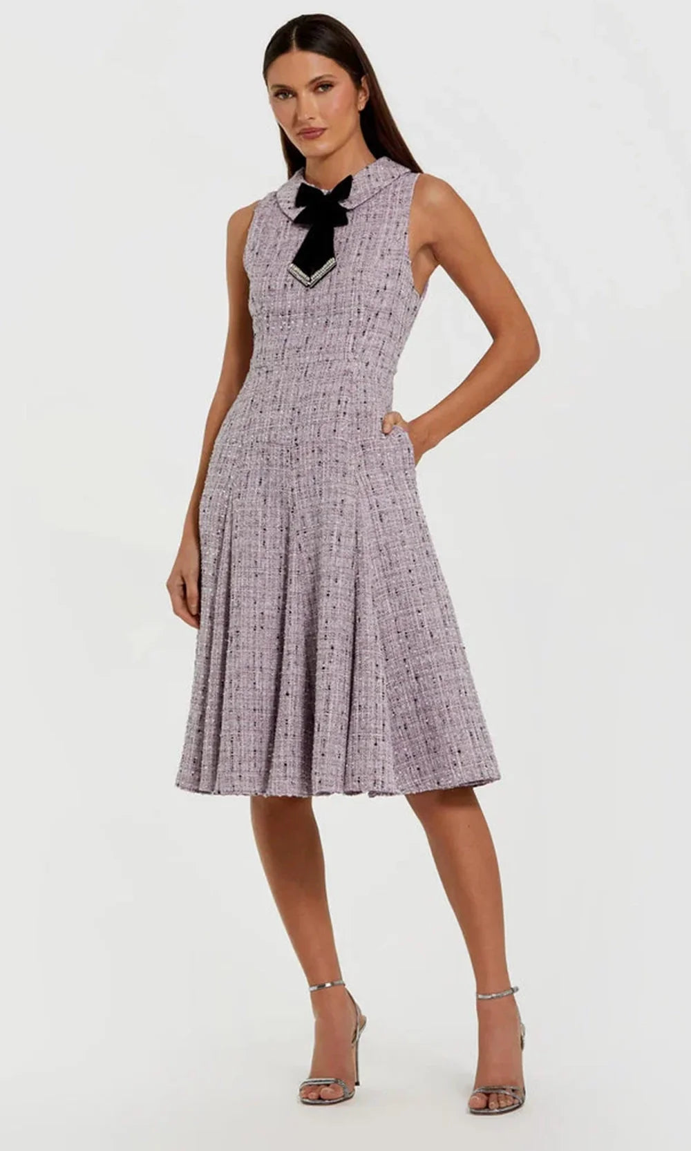 Ieena for Mac Duggal - Purple Sleeveless Boucle A-Line Midi Dress With Bow - Lilac Multi / US 10 Ieena for Mac Duggal - Purple Sleeveless Boucle A-Line Midi Dress With Bow - Lilac Multi / US 10