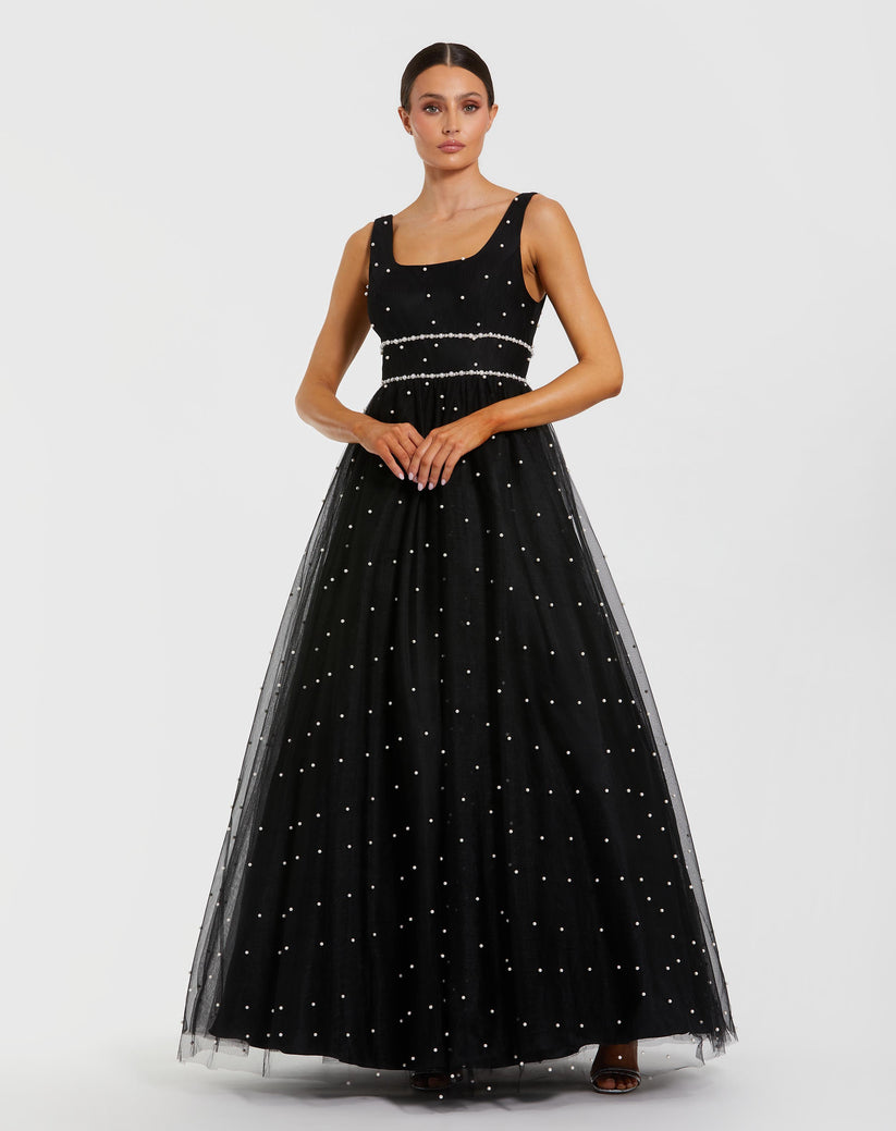 Ieena Duggal 56204 - Pearl Waistband Square Neck Long Gown In Black and White