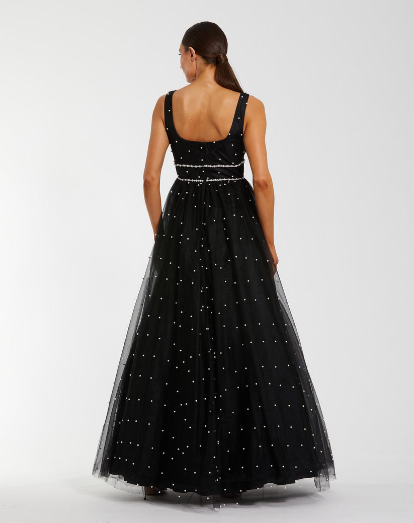 Ieena Duggal 56204 - Pearl Waistband Square Neck Long Gown In Black and White