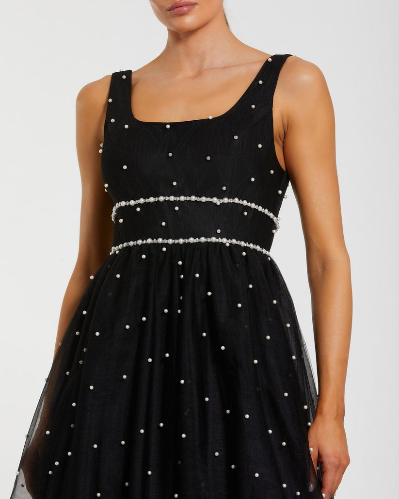 Ieena Duggal 56204 - Pearl Waistband Square Neck Long Gown In Black and White