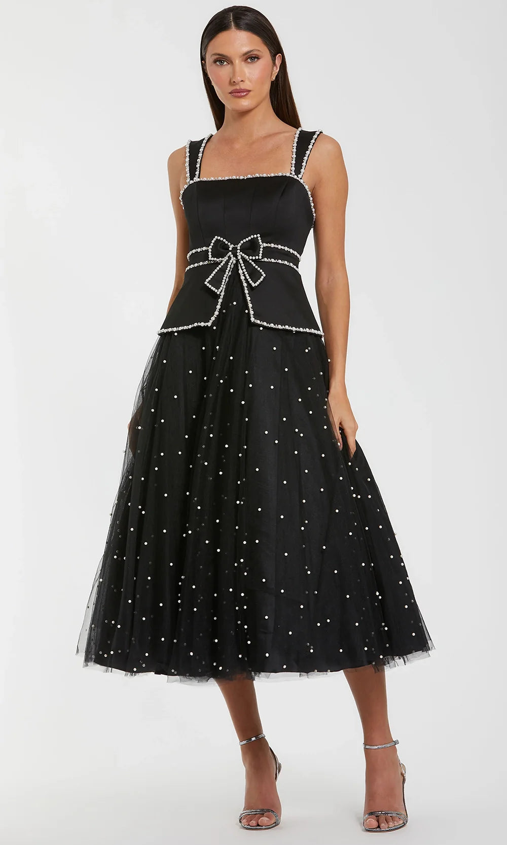 Ieena Duggal 56206 - Tea-Length Crepe bodice and tulle skirt (100%  polyester) A-line Dress