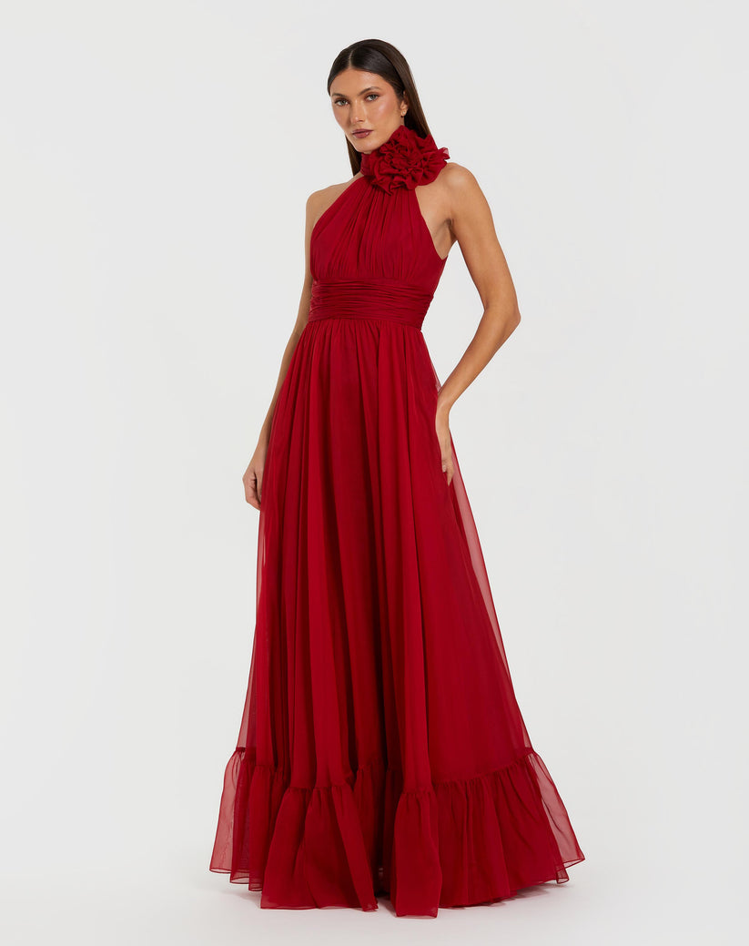 Ieena Duggal 56254 - Long Chiffon fabric (100% polyester) A-line Dress - Sleeveless, Ruched Waistband, Racerback, 3D Floral Applique, Ruffle Hem ADASA Ieena Duggal 56254 - Long Chiffon fabric (100% polyester) A-line Dress - Sleeveless, Ruched Waistband, Racerback, 3D Floral Applique, Ruffle Hem ADASA