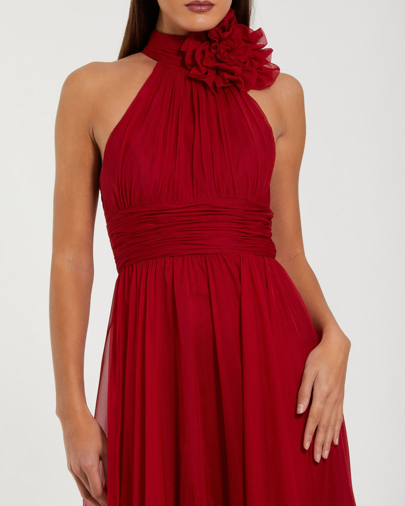 Ieena Duggal 56254 - Ruffled Hem High Halter Chiffon Gown In Red