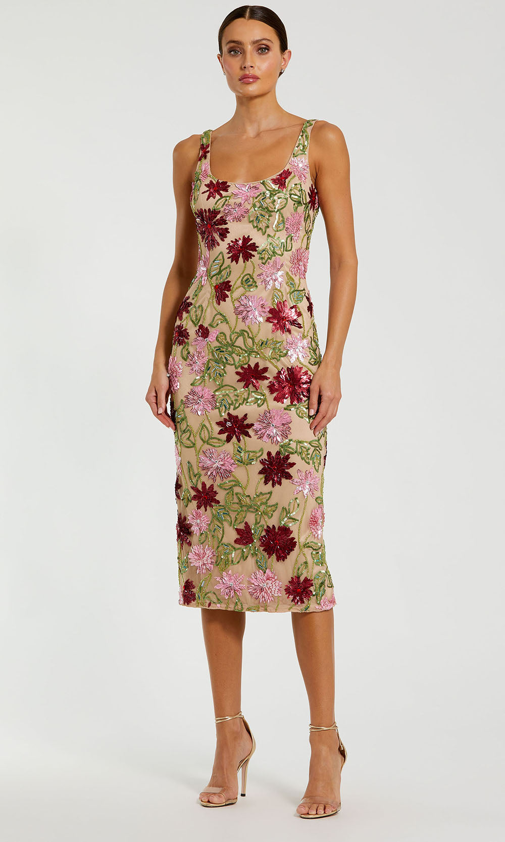 Mac Duggal - Beige Floral Beaded Scoop Neck Midi Dress