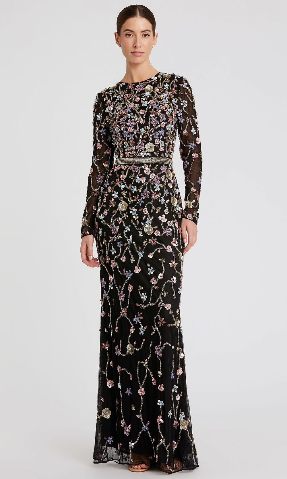 Mac Duggal 6135 - Long Column Dress - Floral Embellishments, Long Sleeves, Beaded Waistline, Full Back, Back Zipper Closure ADASA Mac Duggal 6135 - Long Column Dress - Floral Embellishments, Long Sleeves, Beaded Waistline, Full Back, Back Zipper Closure ADASA