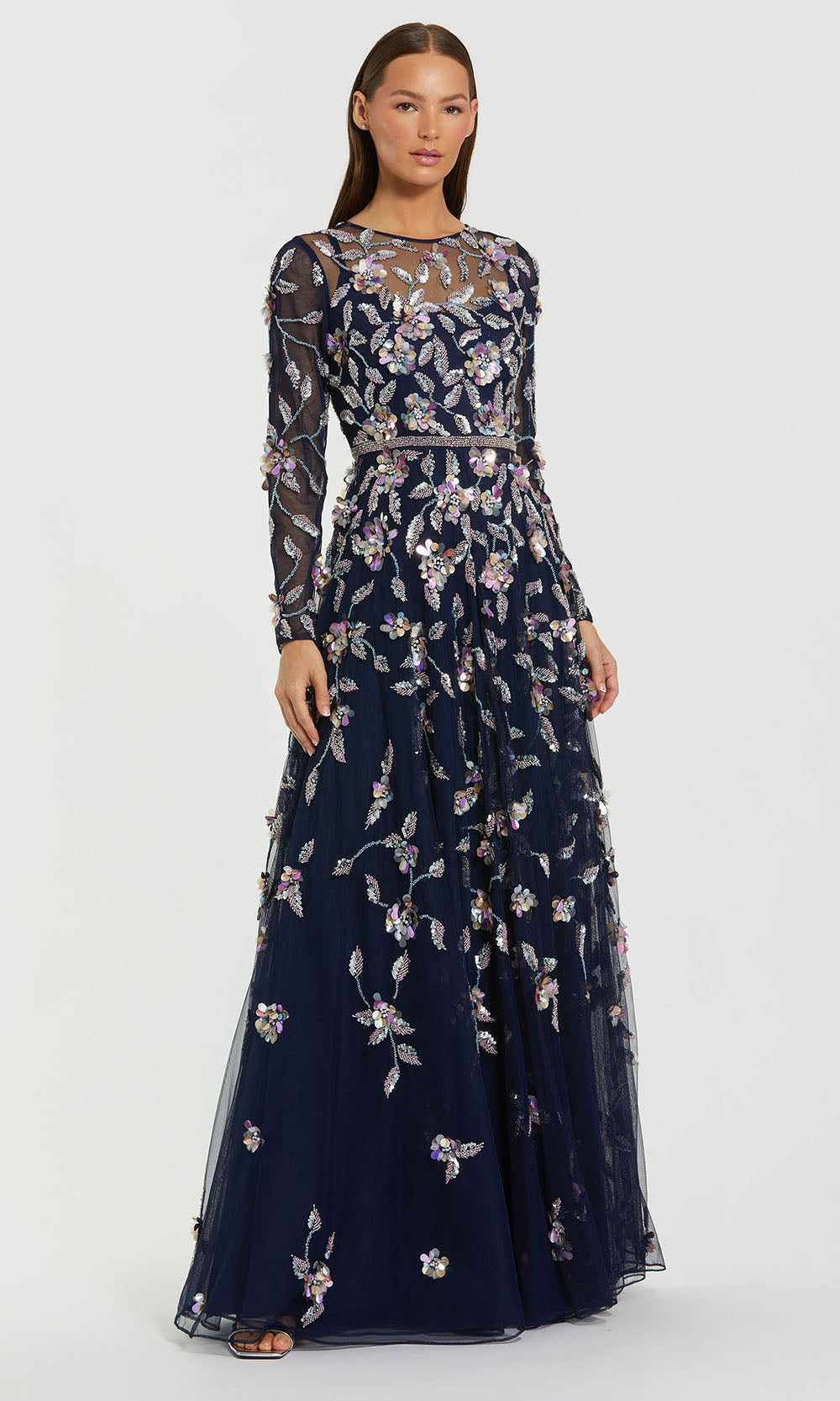 knee length dresses for ladies Silver Beaded Long Sleeve Mesh Gown – Elegant A-Line Evening Dress with Illusion  Neckline