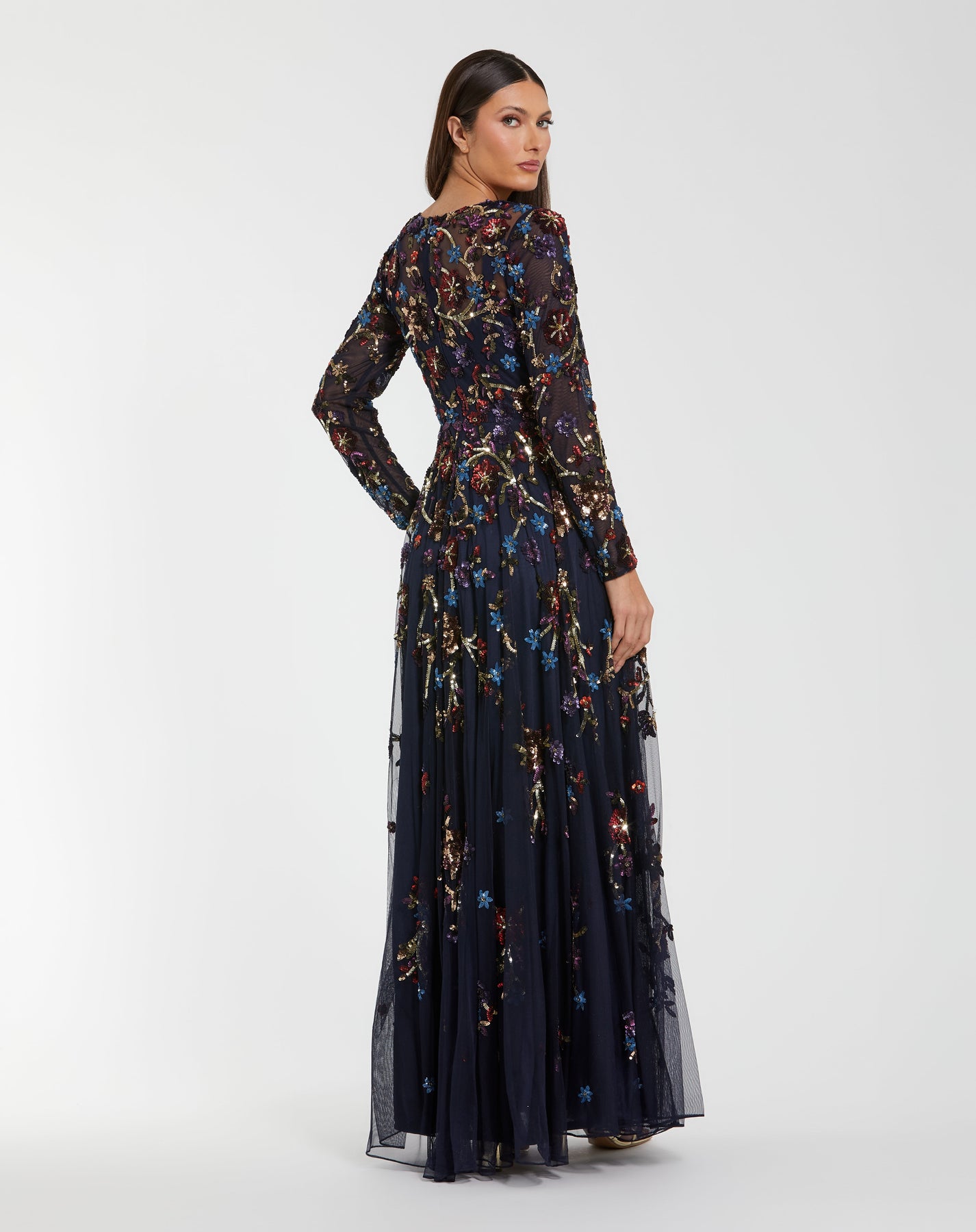 Mac Duggal 6198 - Sparkle A-Line Long Sleeve Gown In Blue and Multi