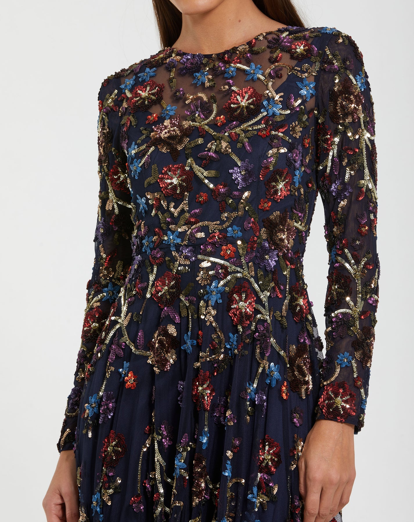 Mac Duggal 6198 - Sparkle A-Line Long Sleeve Gown In Blue and Multi