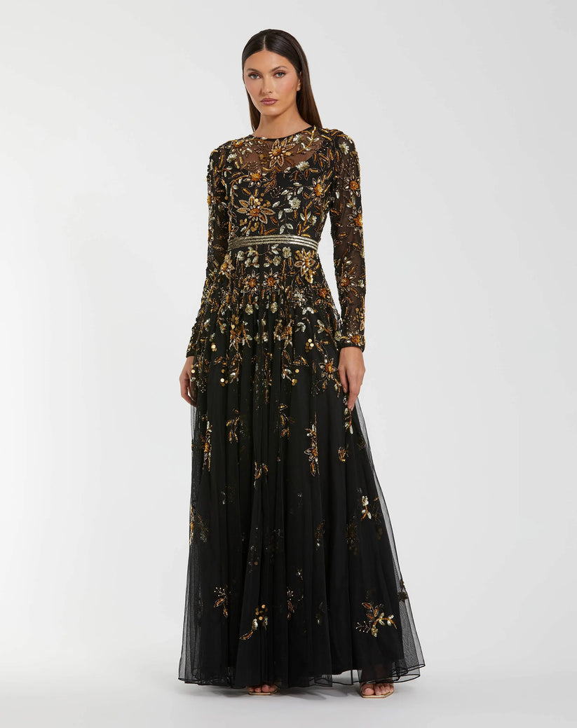 Mac Duggal 6200 - Beaded Sequin Long Sleeve Gown In Black and Gold