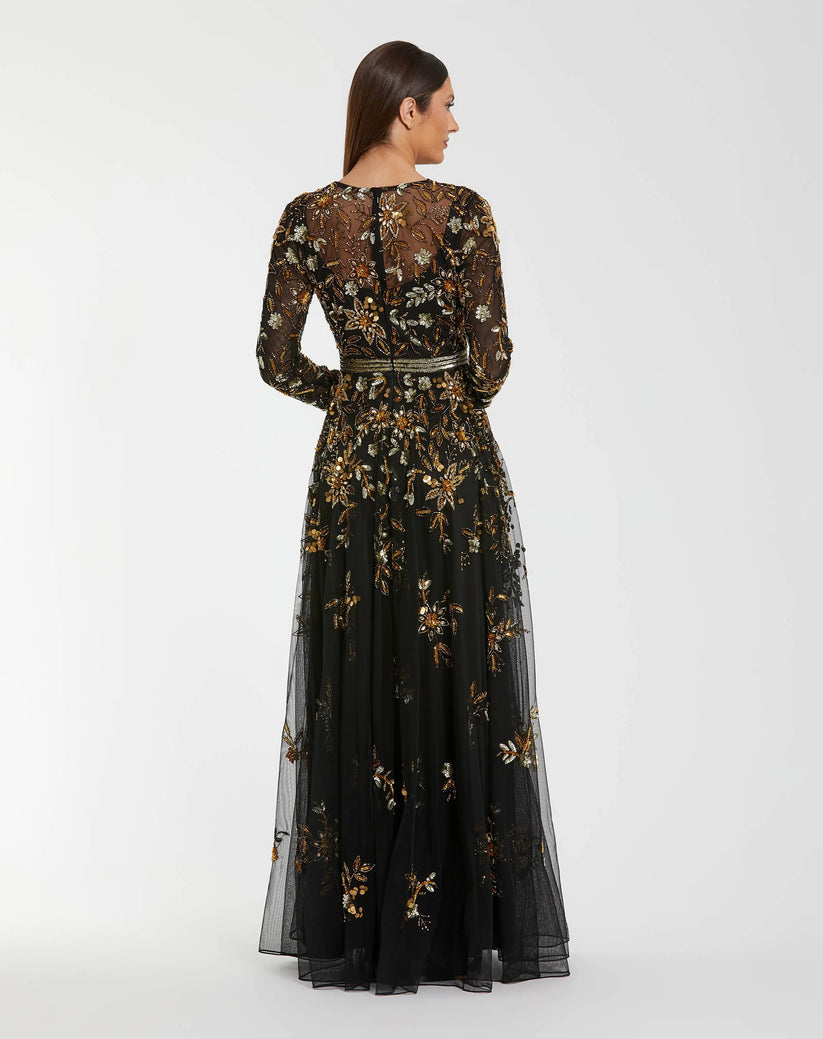 Mac Duggal 6200 - Beaded Sequin Long Sleeve Gown In Black and Gold