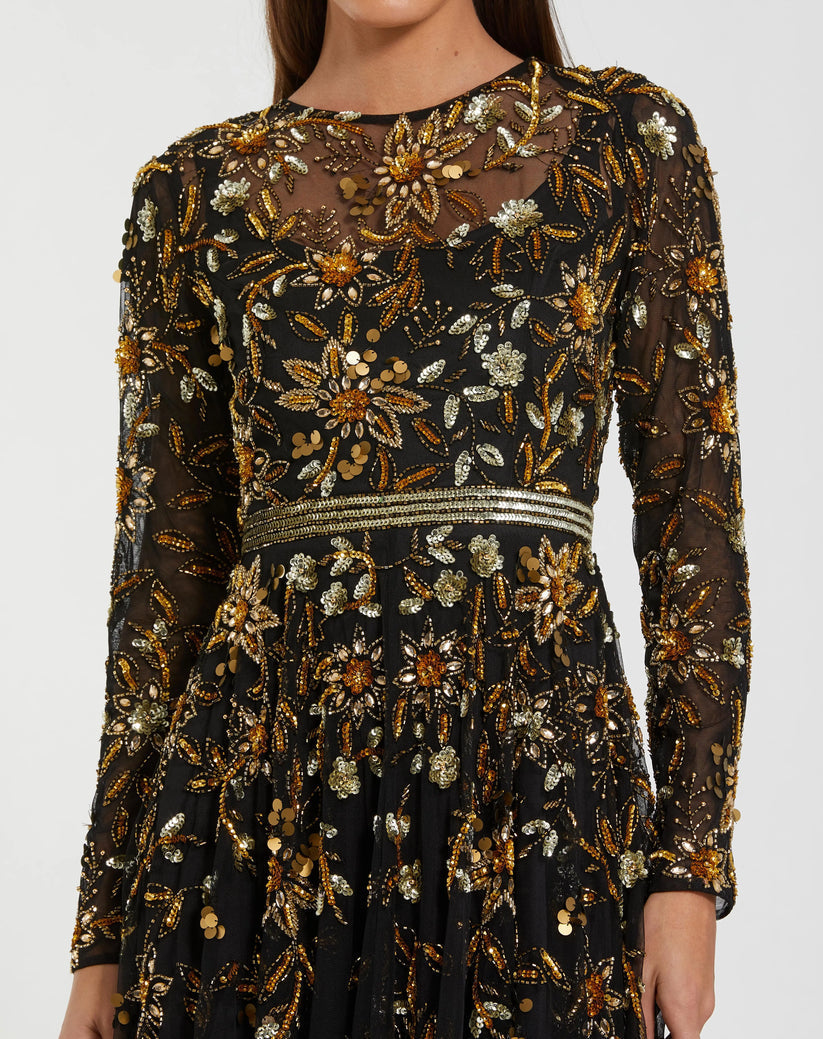Mac Duggal 6200 - Beaded Sequin Long Sleeve Gown In Black and Gold